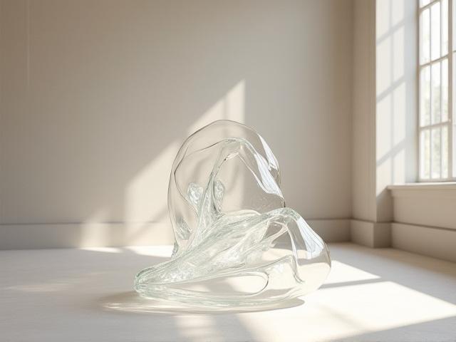 Visualisierung einer abstrakten Glasskulptur in einem modernen Raum